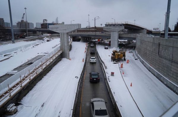 Construction on the southbound ramp from the Eisenhower Expressway to the Dan Ryan Expressway at the Jane Byrne Interchange is seen Feb. 6, 2020, in Chicago. (E. Jason Wambsgans / Chicago Tribune)