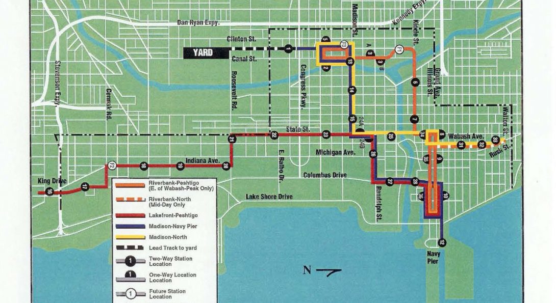 map of proposed circulator routes and station in downtown Chicago